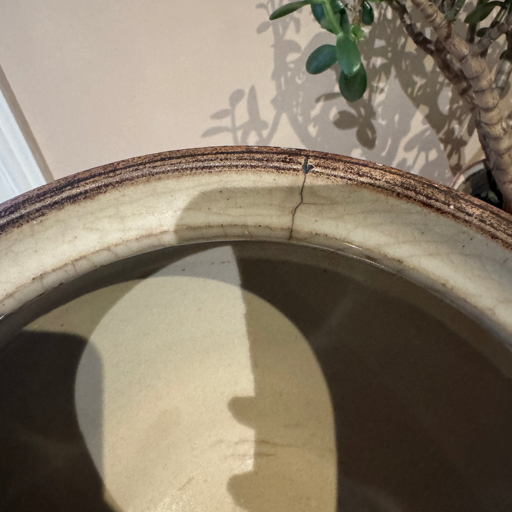 Ceramic pot with a crack on a neutral background