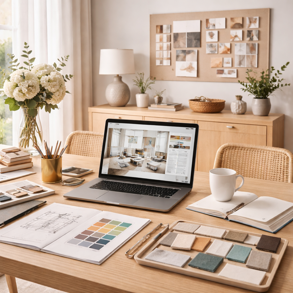 Online design consultation workspace with colour swatches and mood boards
