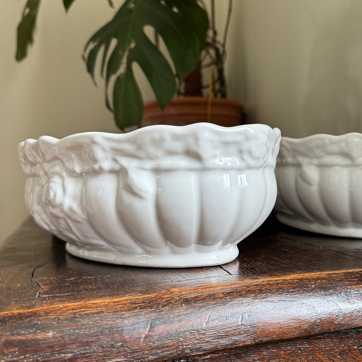 White ceramic bowl with textured design on a wooden surface, with a plant in the background.
