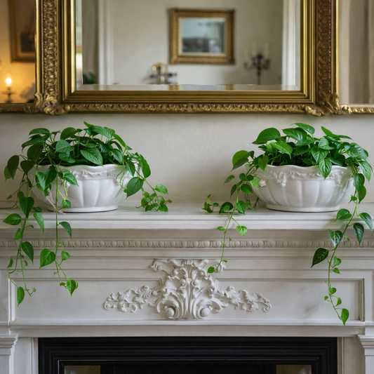 Two potted plants on a decorative fireplace mantle with a gold-framed mirror above.