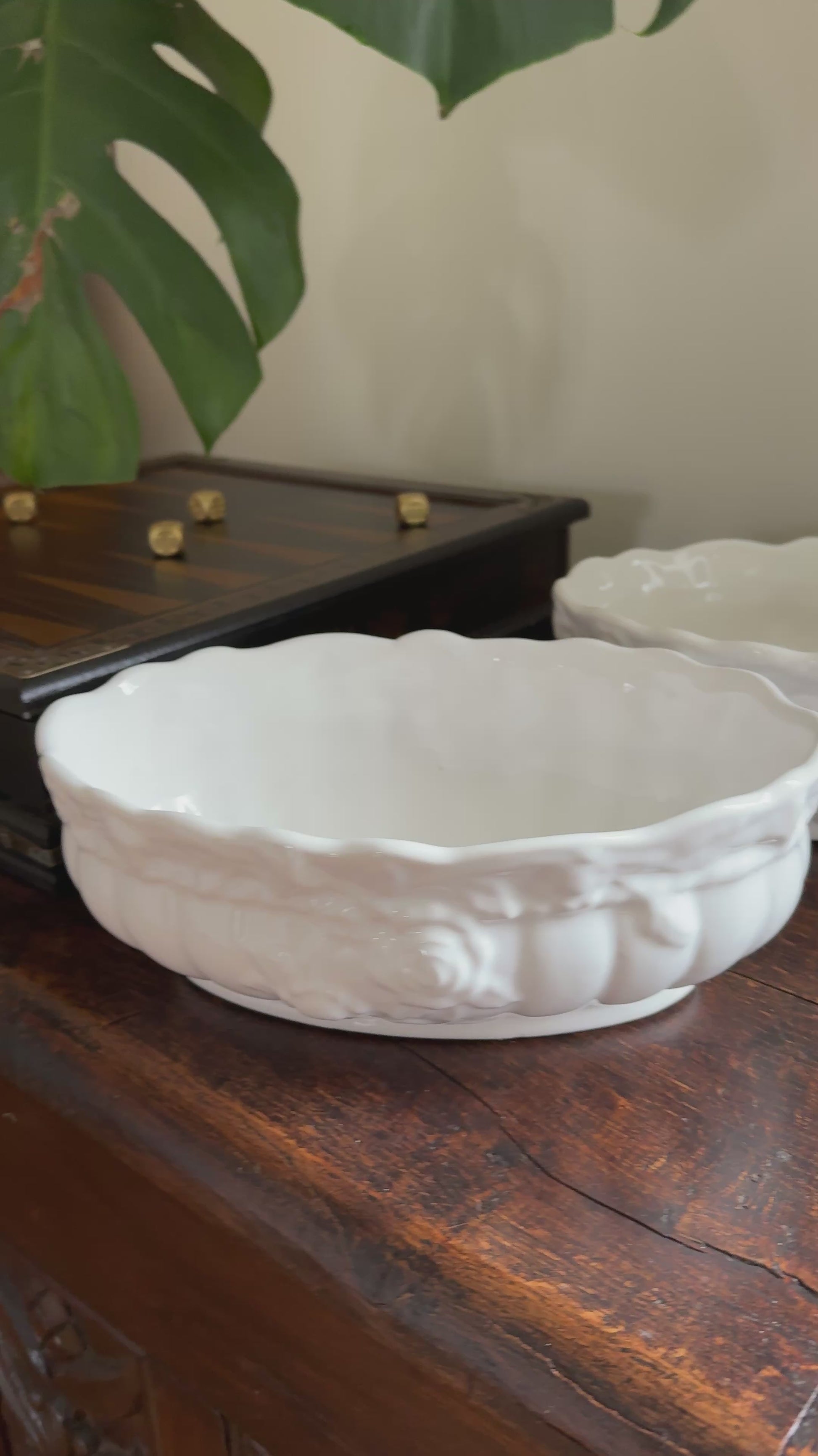 Pair of Oval white glazed ceramic plant pots for home decor