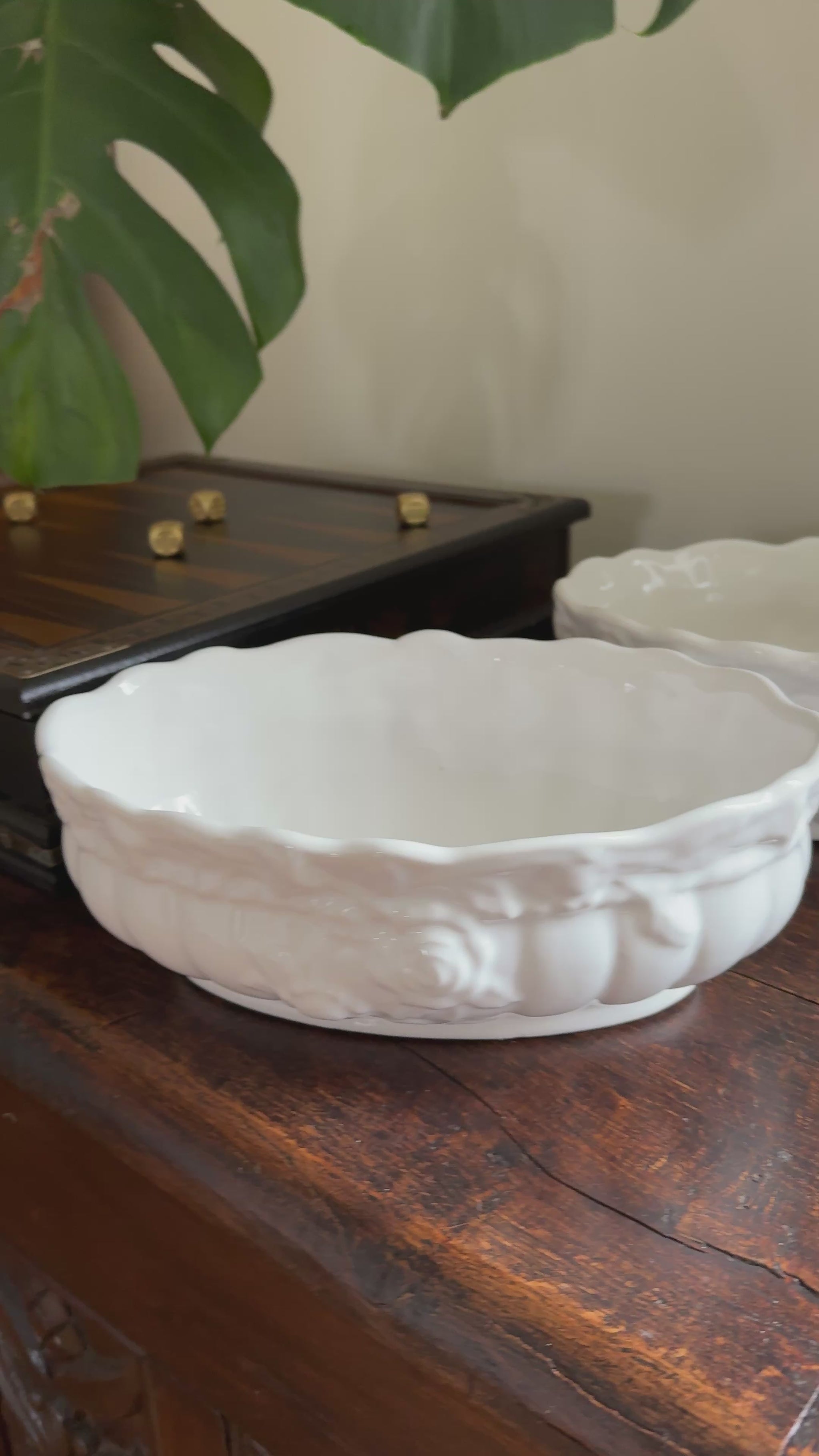 Pair of Oval white glazed ceramic plant pots for home decor
