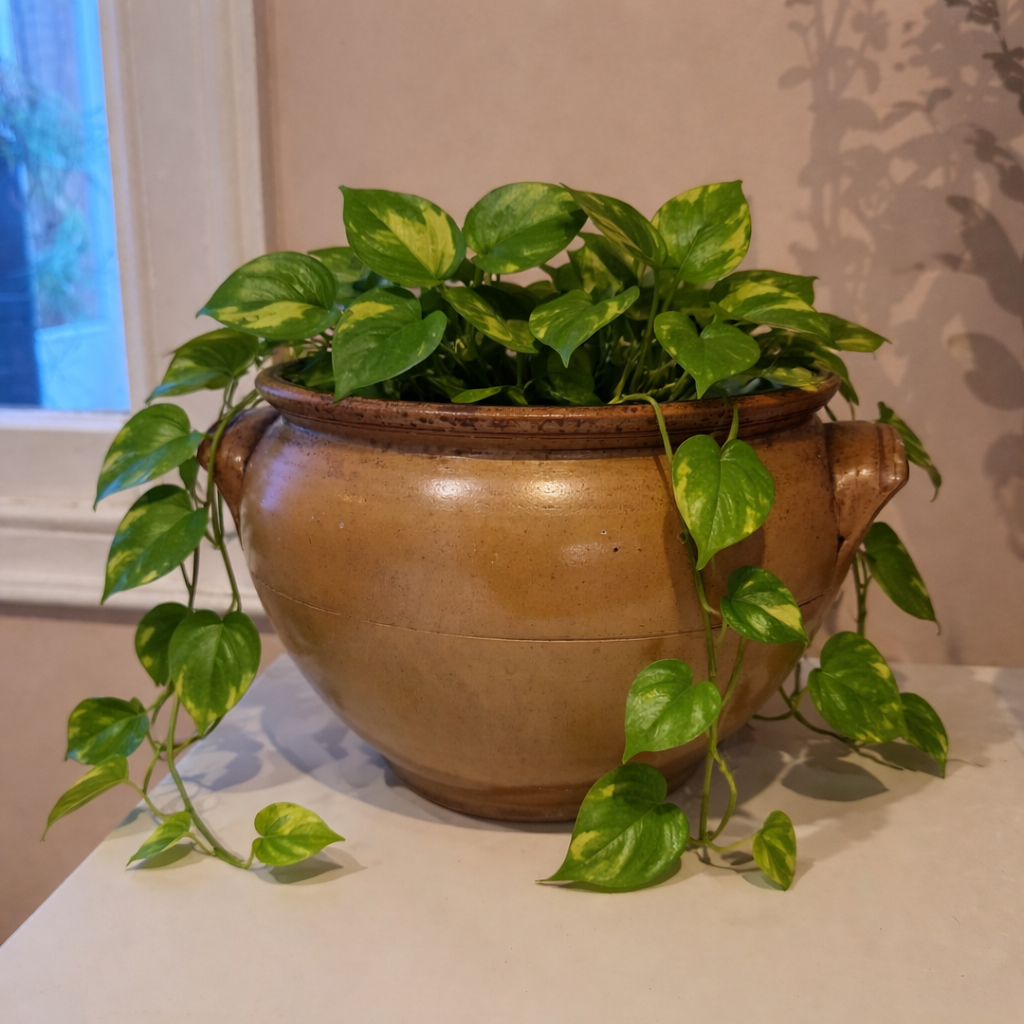 Potted plant with green leaves in a brown pot on a surface.