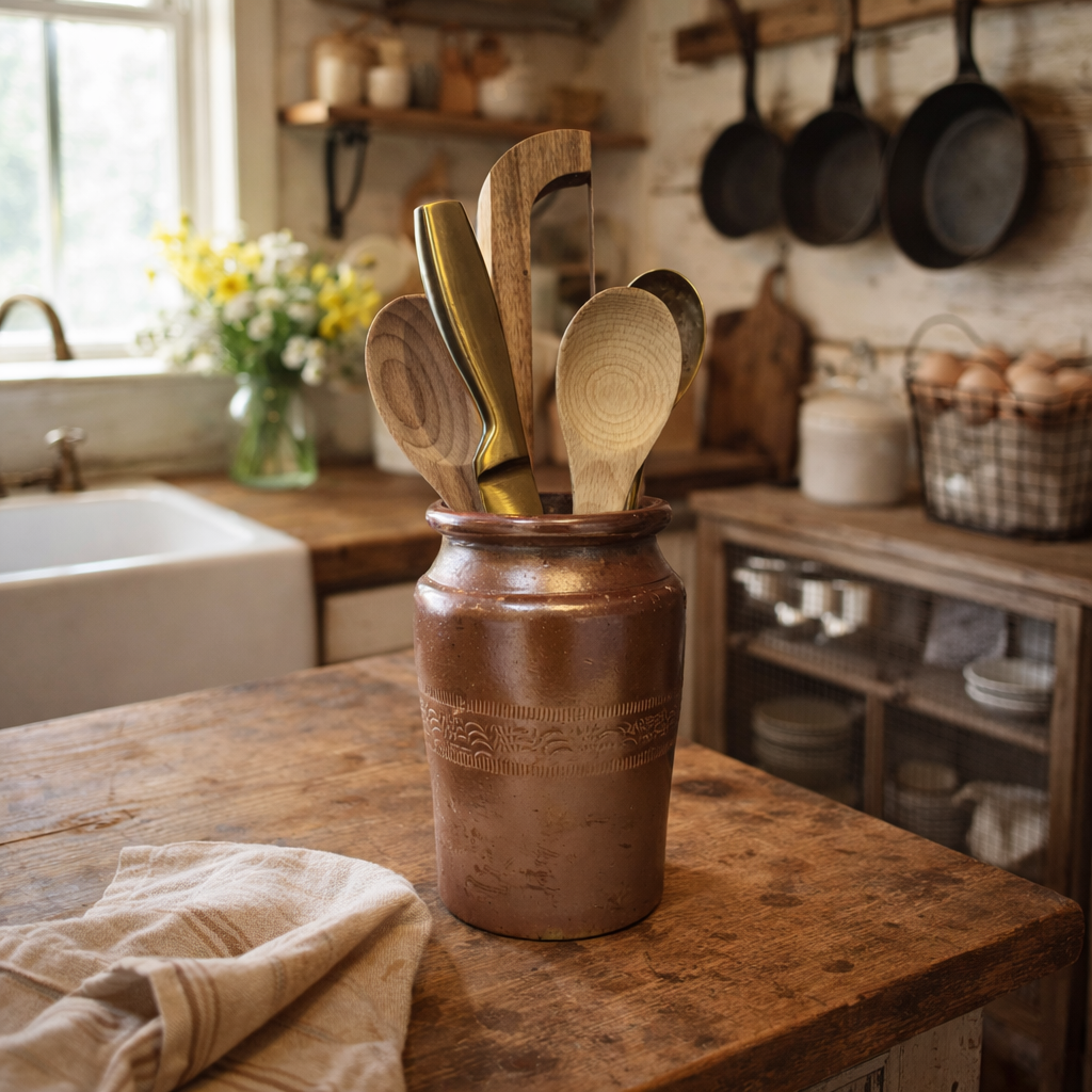 Wooden spoons in a brown ceramic jar on a wooden kitchen counter with a rustic background.