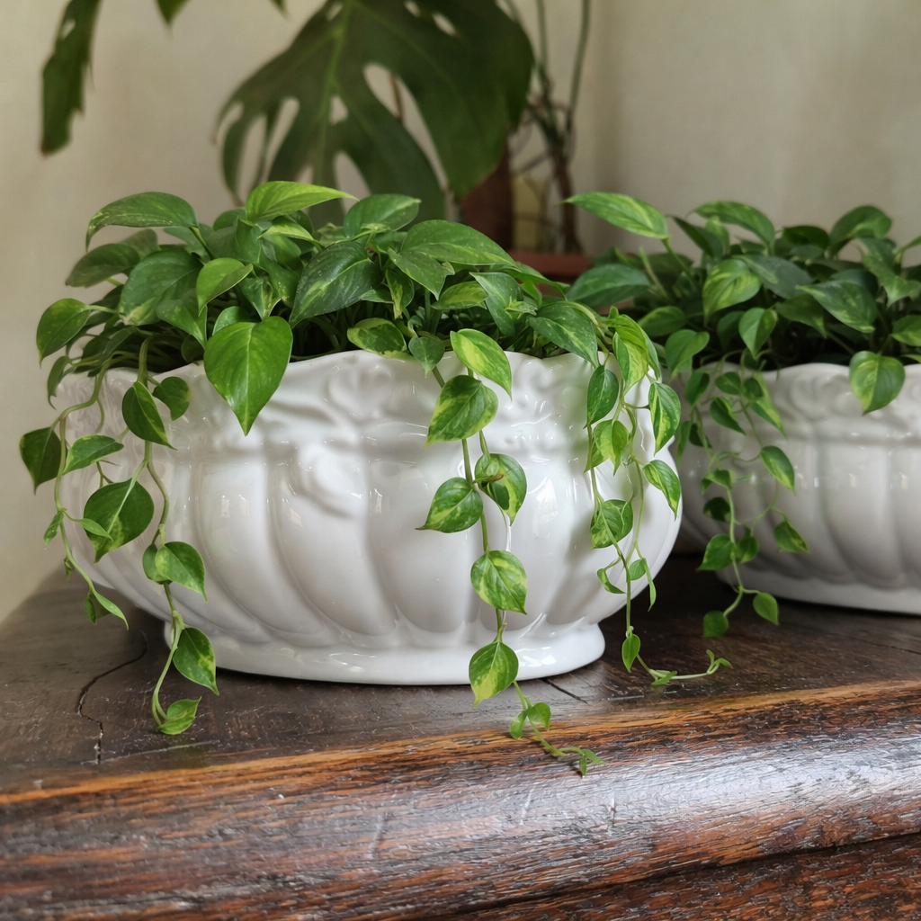 Green vines in white pots on a wooden surface